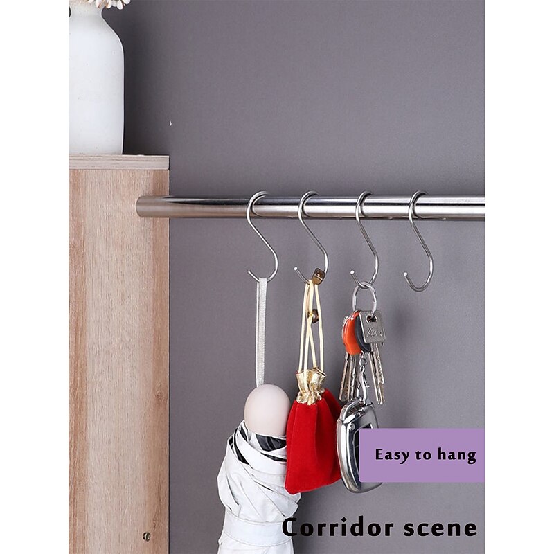 10PCS Stainless Steel S-Shaped Hooks, Multifunctional Kitchen and Bathroom Hooks, Portable Crossbar Hangers for Clothing, Bags, Wardrobe Storage2
