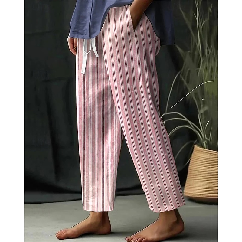 Women's Linen-Inspired Pants Harem Pants Fashion Boho Full Length Mid Waist Stripe Elastic Waist Breathable Comfortable Micro-elastic Street Daily Wear Going out Pink Blue Light Blue Summer Spring3