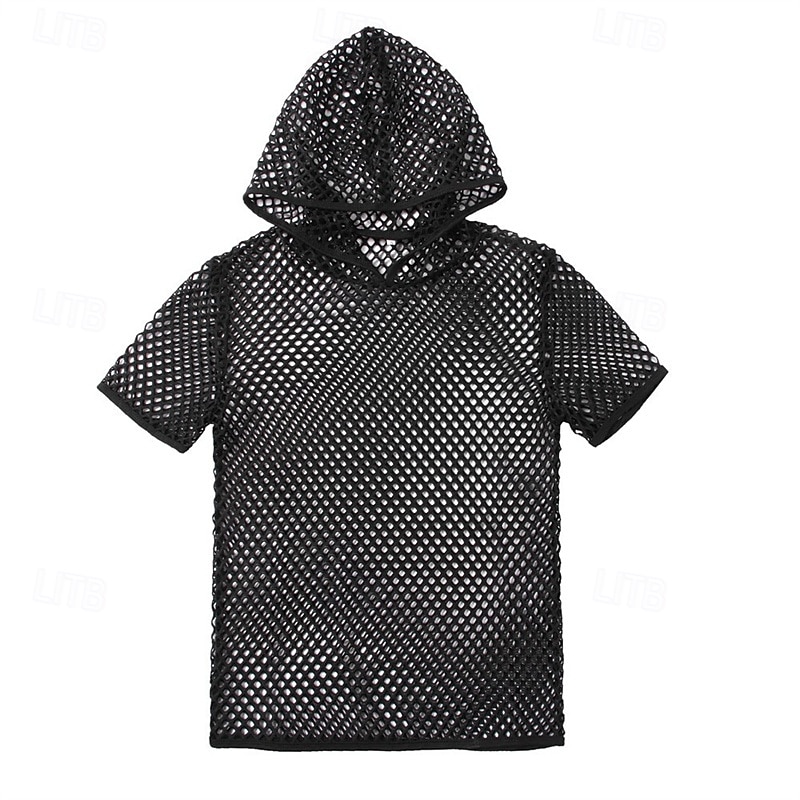 Men's T Shirt Tee Short Sleeve Shirt Tee Top Short Sleeve Hooded Summer Plain Fashion Designer Basic Mesh Vacation Street Going out Black Top Tee for Men3