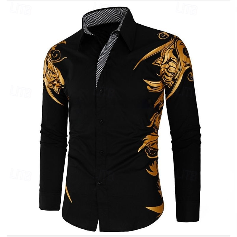 Men's Dress Shirt Collared Shirt Button Up Shirt Graphic Wedding Vacation Black White Light Green Wine Long Sleeve Collar Summer Spring Clothing Apparel