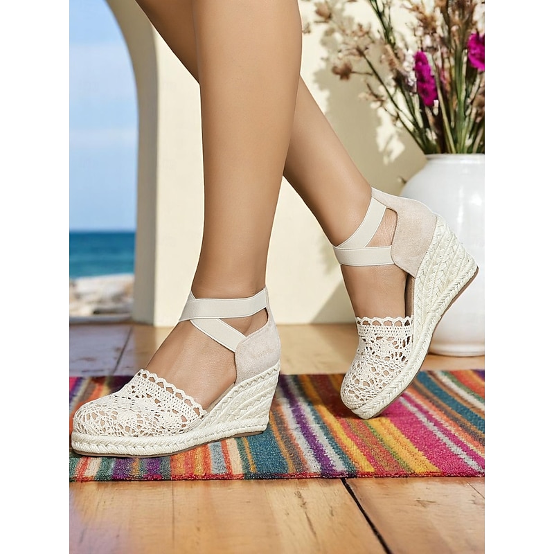 Women's Crochet Lace Espadrille Wedge Sandals – Vintage Style Closed Toe Platform Shoes with Ankle Straps, Ideal for Summer Beach Weddings and Garden Parties3
