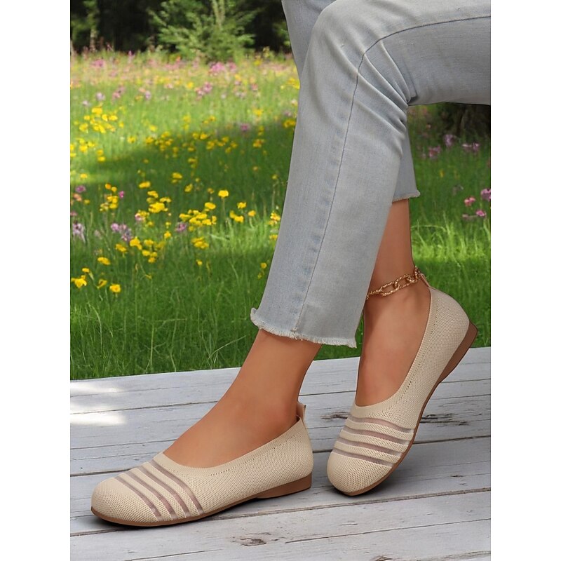 Women's Flyknit Casual Barefoot Shoes - Breathable Mesh Upper Wide Toe Flats Trendy Stripes, Comfortable for Walking and Casual Activities3