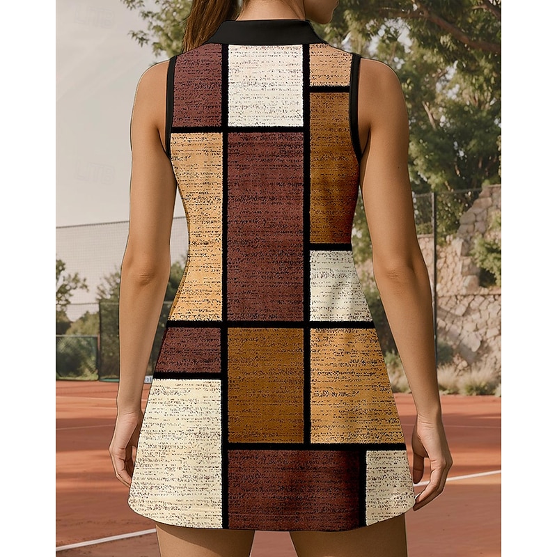 Women's Plaid / Check Tennis Dress Sports Dress Sleeveless Print Breathable Tennis Golf Badminton Polo Collar Zip Collar Dress Brown Tennis Clothing2