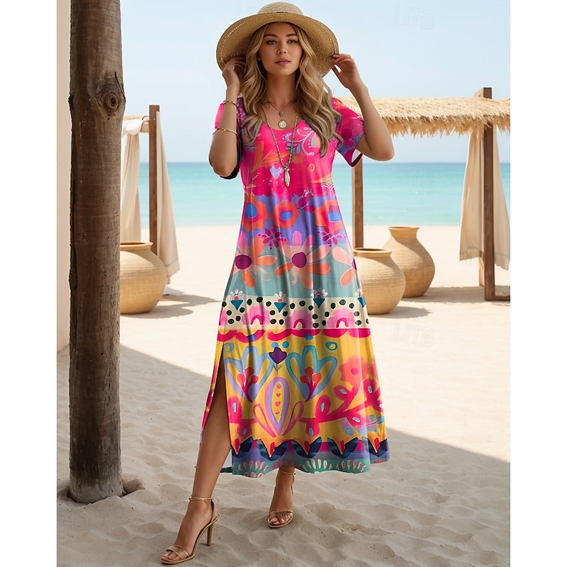 Women's Midi Dress Sundress A Line Dress Vacation Casual Boho Butterfly Sleeve Beach Regular Fit Graphic Tribal Short Sleeve Crewneck Light Blue Black Gold Black Light Green Summer Spring3