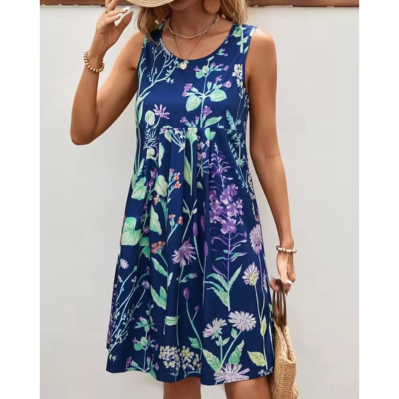 Women's Mini Dress Floral Dress Boho Dress Classic Modern Vacation Daily Holiday Regular Fit Flower Sleeveless Crew Neck Black Blue Green Dark Blue Summer2
