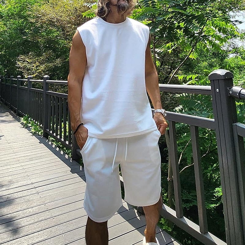 Men's Tank T-shirt Suits 2 Pieces Outfits Tee & Shorts Sleeveless Crew Neck Summer Plain Fashion Casual 2 Piece Vacation Daily Wear Going out Black White Top Tee for Men2