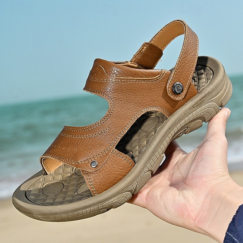 Men's Brown Faux Leather Adjustable Sandals with Velcro Strap - Comfortable Summer Footwear for Outdoor Activities3