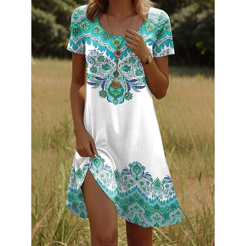 Women's Mini Dress T Shirt Dress Tee Dress Sundress Vacation Casual Boho Going out Regular Fit Graphic Paisley Short Sleeve V Neck Yellow Red Blue Purple Summer3