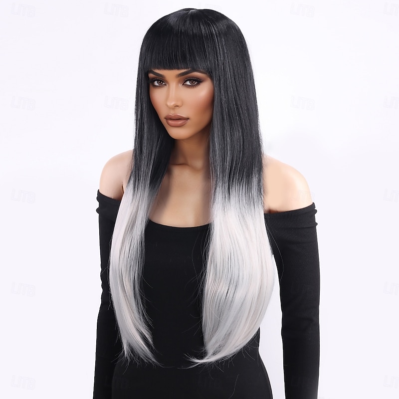 Synthetic Wig kinky Straight Natural Straight Layered Haircut With Bangs Machine Made Wig 28 inch A1 Synthetic Hair Women's Classic Comfortable Color Gradient Black White3