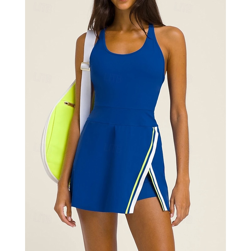 Women's Patchwork Tennis Dress with Built in Shorts and Bra Sports Dress 2pcs Sleeveless Contrast Binding Split Breathable Tennis Golf Pickleball Halter Neck Racerback Black White Blue Tennis Clothing