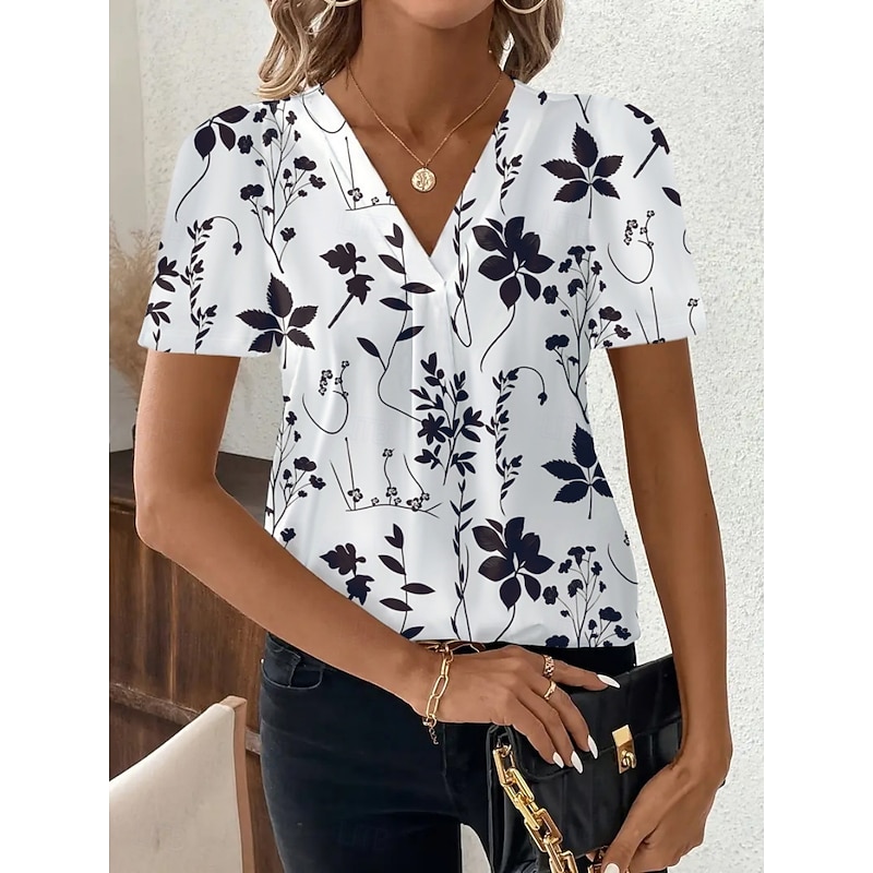 Women's T Shirt Floral Graphic Geometric Fashion Modern Casual Short Sleeve V Neck Regular Tops Daily Weekend White / Black Black White Red Summer3