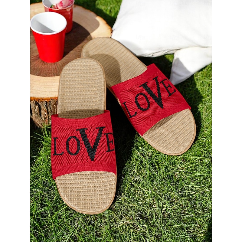 Women's Flyknit Slide Sandals - Red "LOVE" Graphic, Casual Slip-On Design, Perfect for Beach Days and Casual Outings4