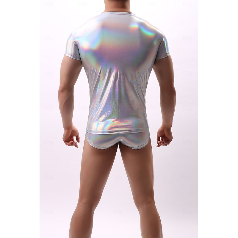 Retro Vintage 1980s T-shirt Disco Shiny Latex Patent Metallic Round Neck Fancy Dress Men's Halloween Carnival Music Festival Pride Parade Gay Club Adults' T-shirt Summer4