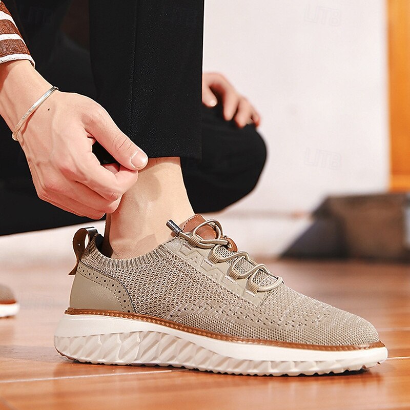 Men's Shoes Beige Knit Lace-Up Sneakers with Lightweight Construction and Comfortable Fit for Daily Use and Travel3