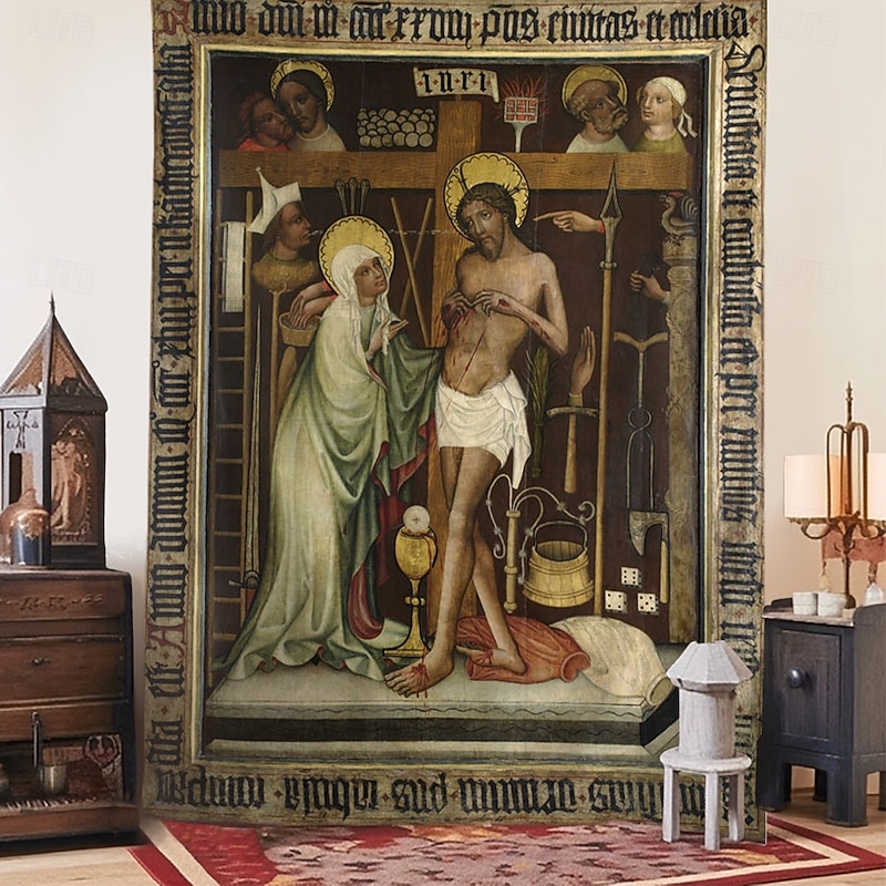 Medieval Tapestry Middle Age Tapestry Religious Art Large Mural Decor Photograph Backdrop Home Bedroom Living Room Decoration Votive image from Brzeg Christ tormented,the instruments of the passion