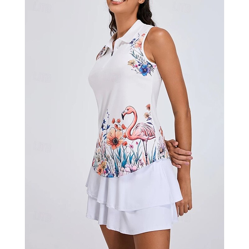 Women's Floral Botanical Flamingos Tennis Shirt Sleeveless Print UPF50+ Quick Dry Tennis Golf Badminton Zip Collar Tee Tshirt Top White Tennis Clothing3