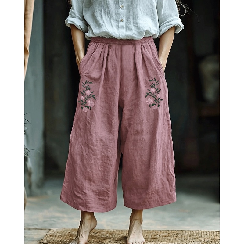 Women's Cotton Linen Pants Slacks Streetwear Boho Full Length Natural Flower Pocket Elastic Waist Printing Comfy Outdoor Holiday Going out Light Pink Summer Regular Fit