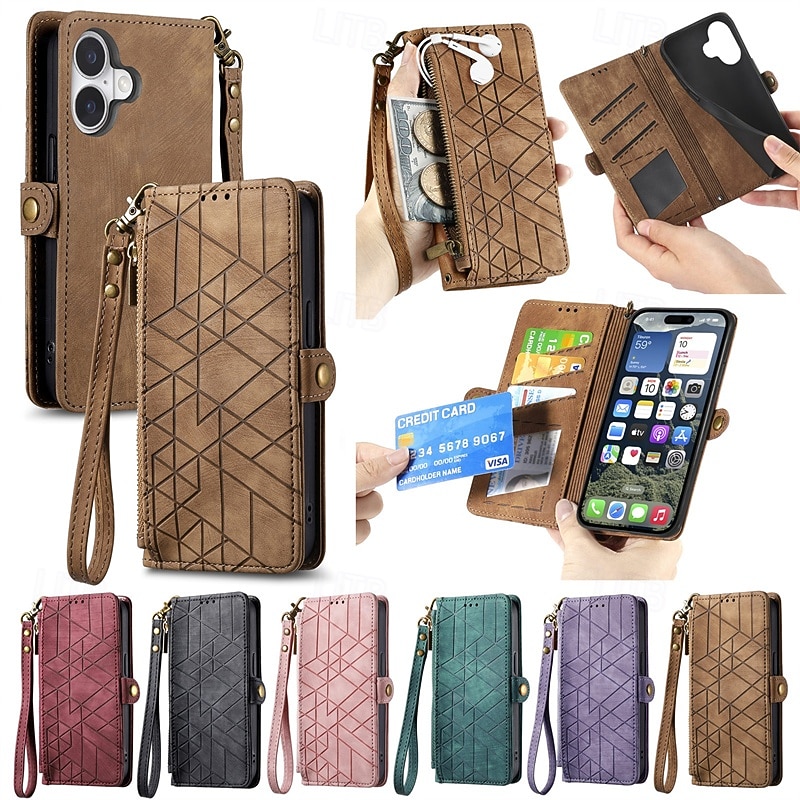 Phone Case For iPhone 16 15 14 Pro Max Plus 16e 13 12 11 Pro Max Wallet Case Flip Cover with Wrist Strap Shockproof Retro Geometric Pattern TPU PU Leather