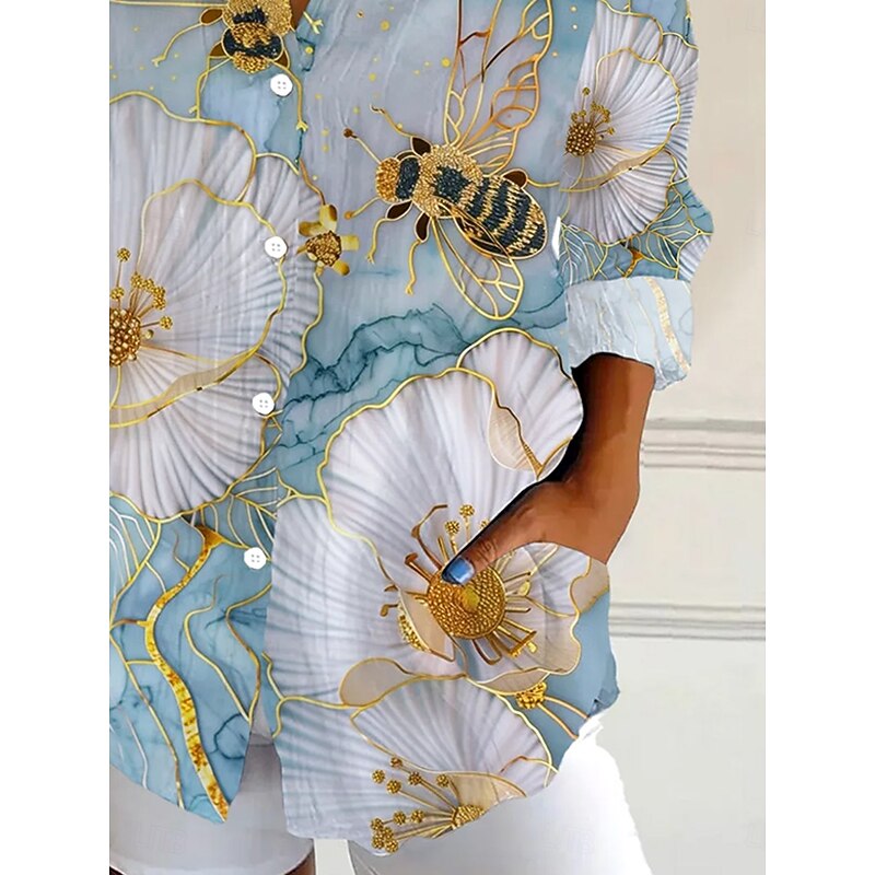 Women's Shirt Button Down Tunic Shirt Collar Long Sleeve Floral Graphic Vintage Tropical Daily Regular Tops Work Daily s Print Light Blue Spring3