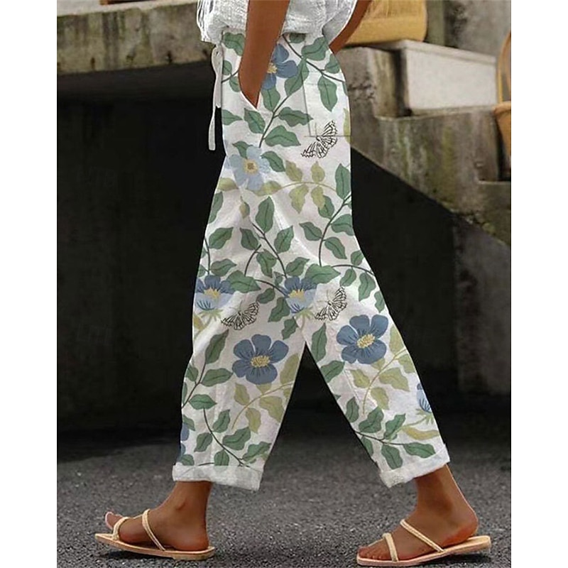 Women's Cotton Linen Pants Cropped Pants Streetwear Boho Ankle-Length Mid Waist Floral Elastic Waist Comfortable Daily Wear Going out Pink Blue Purple Green Summer Spring Regular Fit3