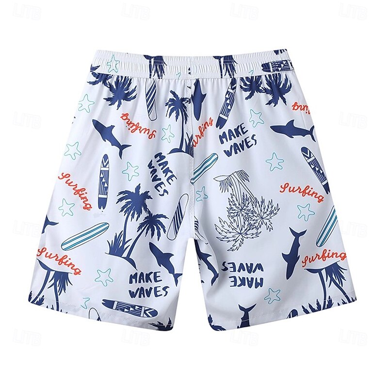 Men's Shorts Beach Shorts Drawstring Graphic Leaf Tree Quick Dry Outdoor Knee Length Outdoor Vacation Home Vacation Ethnic Style White & Blue Dark Blue Micro-elastic3