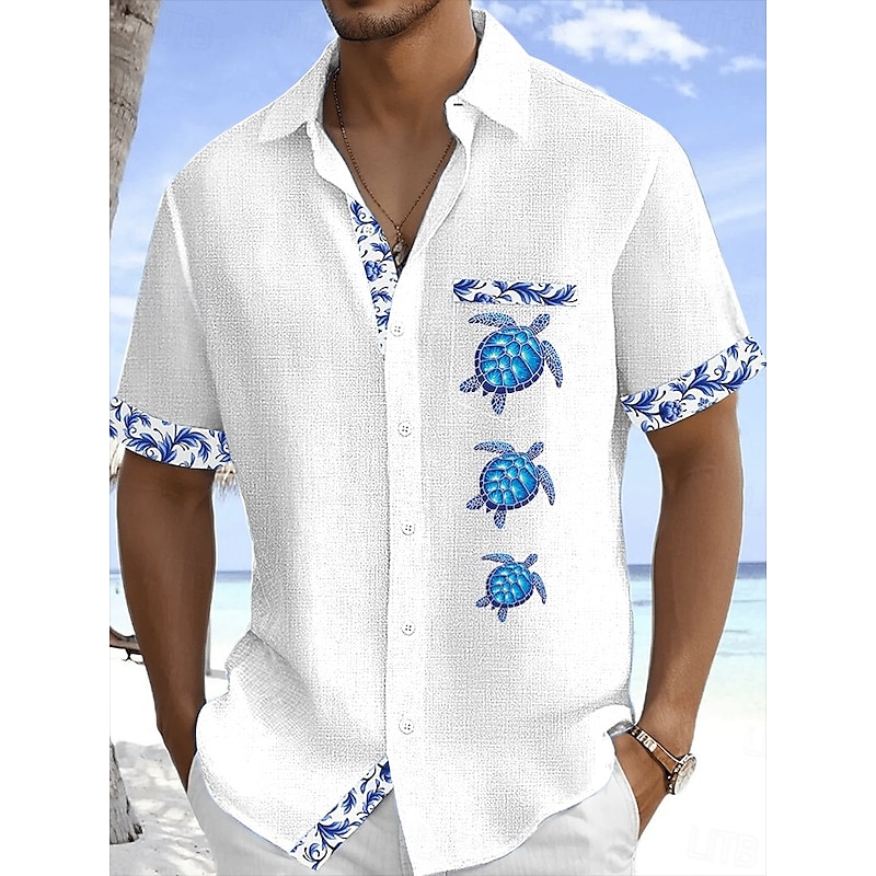 Men's Shirt Linen Shirt Summer Shirt Beach Shirt Button Up Shirt Turtle Vacation Holiday White Pink Sky Blue Green Short Sleeve Turndown Summer Clothing Apparel Front Pocket3