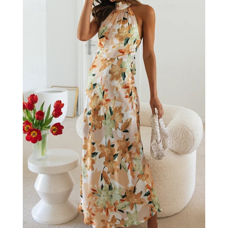 Women's Long Dress Maxi Dress Floral Dress Halter Neck Dress Fashion Modern Vacation Going out Weekend Regular Fit Flower Sleeveless Halter Neck Yellow Pink Green Summer2