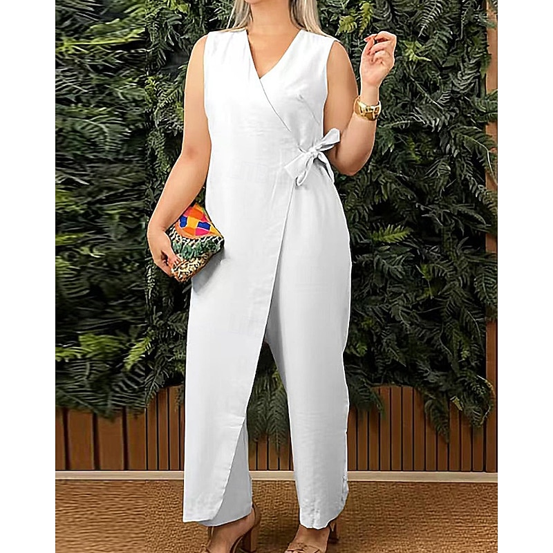 Women's Normal Cotton Linen Pants Streetwear Solid Color Sleeveless V Neck Daily Going out Regular Fit Black White Yellow Summer4