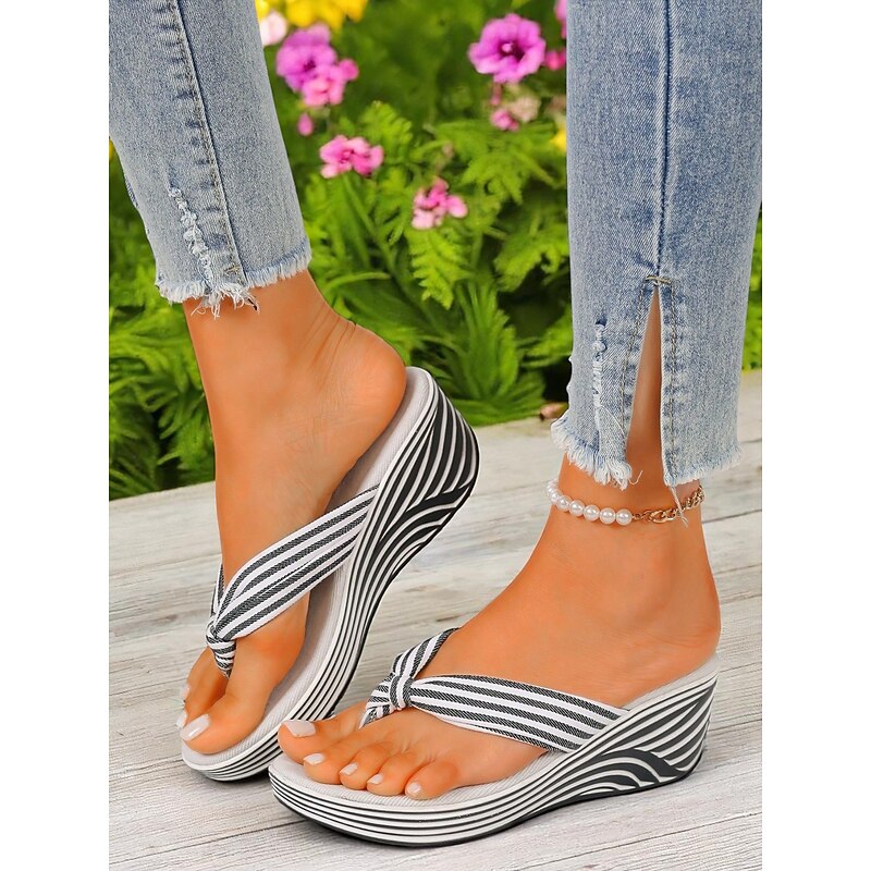 Women's Striped Wedge Flip-Flop Sandals – Casual Summer Beach Shoes, Ideal for Poolside Walks, Seaside Vacations, Garden Picnics & Resort Wear2