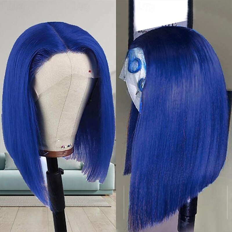Blue# Human Hair 13*4 Short BOBO Lace Wig Straight Human Hair 150% Density  For Black Women2