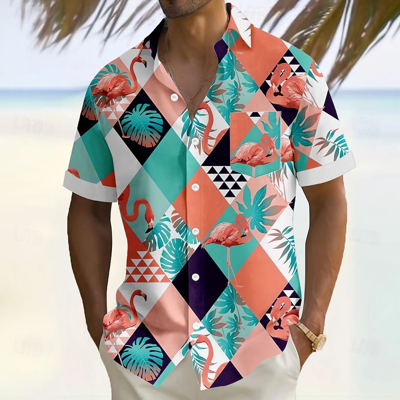Men's Color Block Flamingo Palm Leaf Summer Hawaiian Shirt Button Up Shirt Aloha Shirt Short Sleeve Hawaiian Vacation Holiday Beach Wear Summer Turndown 3D Print Front One Pocket Linen Like Shirt Blue