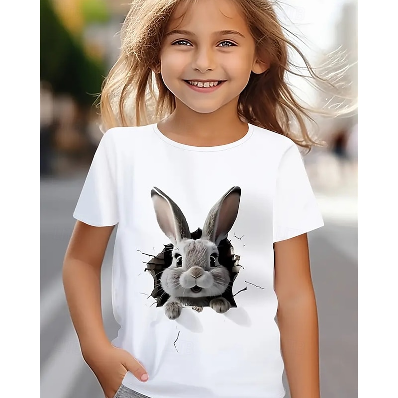Girls' 3D Rabbit T shirt Tee Short Sleeve Summer Spring Fashion Basic Kids 4-12 Years Crew Neck Outdoor Casual Daily Regular Fit4
