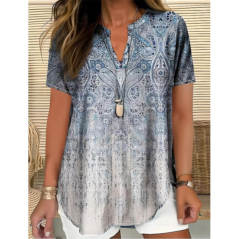 Women's Boho Shirt Graphic Paisley Elegant Bohemia Vintage Short Sleeve V Neck Regular Tops Daily Holiday Going out White Pink Red Blue Orange Summer4