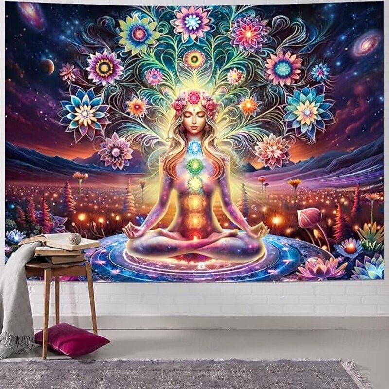 Blacklight Tapestry Glow in the Dark Glow Party UV Reactive Boho Mandala Chakara Trippy Misty Meditation Hanging Tapestry Wall Art Mural for Living Room Bedroom3