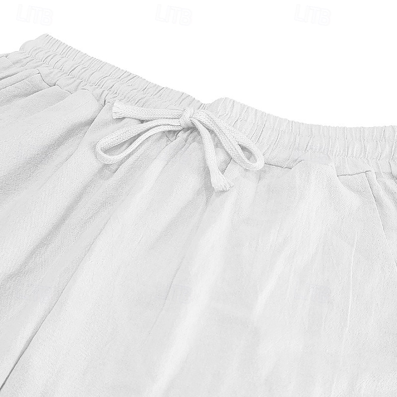 Men's Linen Pants Trousers Summer Pants Baggy Pants Beach Pants Drawstring Elastic Waist Straight Leg Plain Comfort Breathable Knee Length Casual Daily Holiday Vacation Fashion Black White Inelastic2