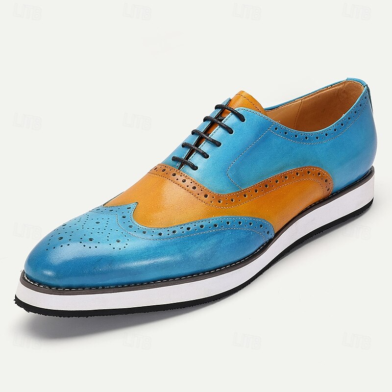 Men's Premium Blue and Tan Leather Brogue Shoes with Wingtip Design for Formal Events and Weddings2