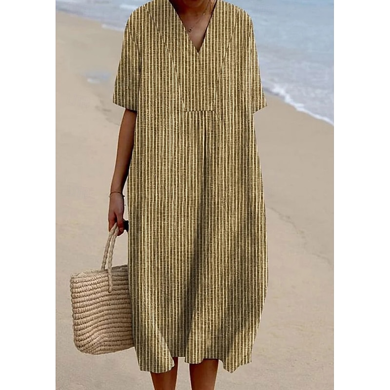 Women's Midi Dress Sundress A Line Dress Vacation Casual Beach Party Going out Beach Loose Fit Graphic Geometric Stripe Half Sleeve V Neck Yellow Blue Dark Gray Summer Spring3