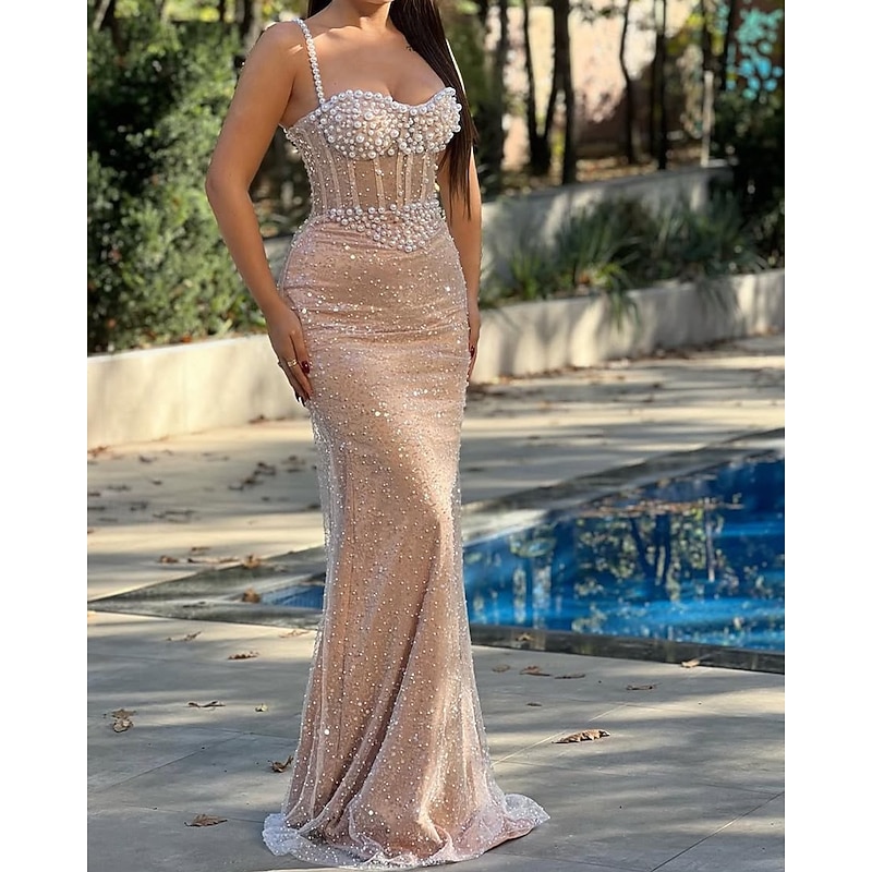 Gold Mermaid / Trumpet Evening Gown Drop Waist Corset Dress Formal Semi Formal Wedding Floor Length Sleeveless Sweetheart Tulle with Glitter Pearls Sequin3