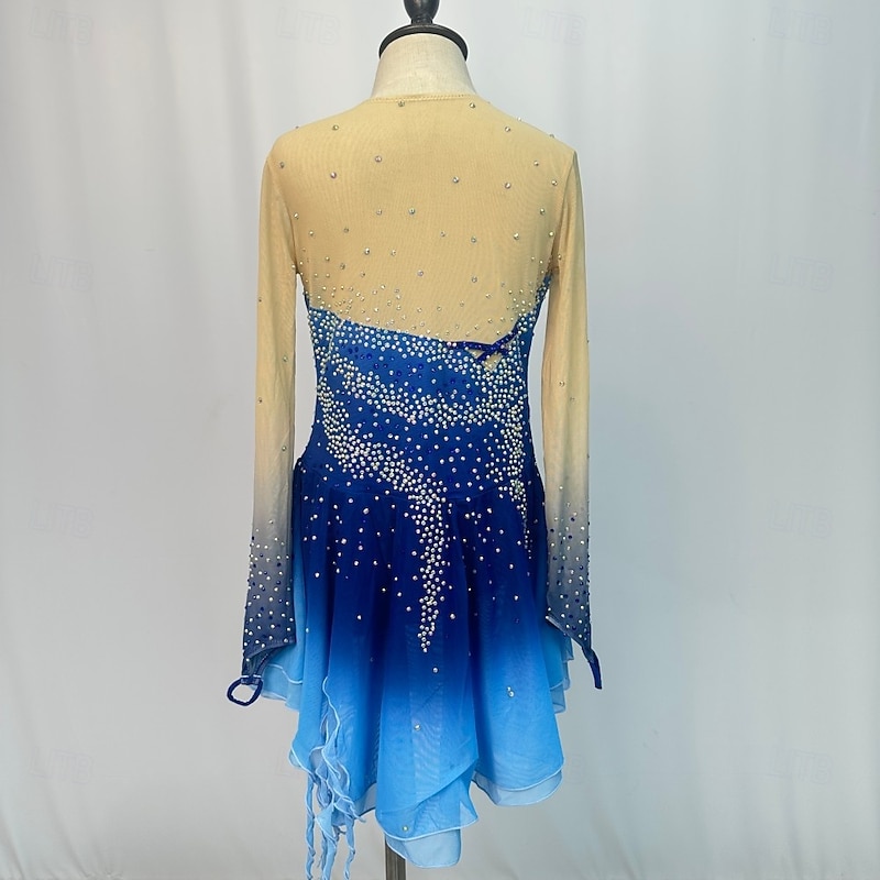Figure Skating Dress Women's Girls' Ice Skating Dress Outfits Blue+Light Blue Patchwork Asymmetric Hem Mesh Spandex High Elasticity Competition Skating Wear Handmade Crystal / Rhinestone Long Sleeve2
