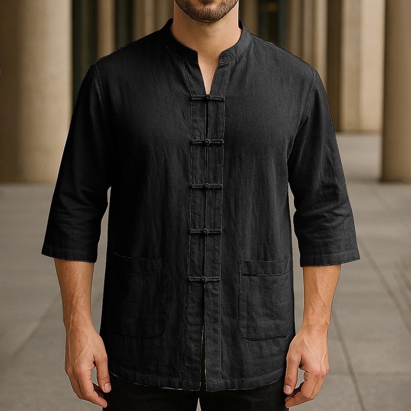 Men's Shirt Linen Shirt Casual Shirt Button Up Shirt Cotton Shirt Plain Vacation Casual Daily Black White Navy Blue Beige Half Sleeve Band Collar Summer Spring Clothing Apparel Front Pocket2