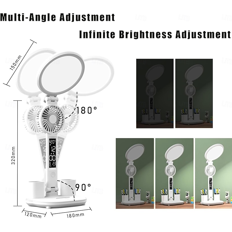 LED Desk Lamp with Fan Desk Lamp for College Dorm Room 3 Color Temperature USB Charging Port Adjustable Foldable Desk Light with Clock Date Pen case Temperature Lamp for Home Office4