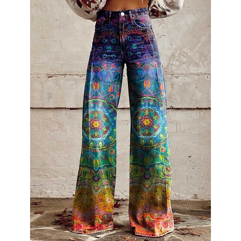 Retro Vintage Boho 1970s Pants Wide Legged Pants Hippie Disco High Waist Floral Faux Jeans Style Fancy Dress Women's Halloween Carnival Music Festival Pride Parade Retro Theme Party Adults Pants2