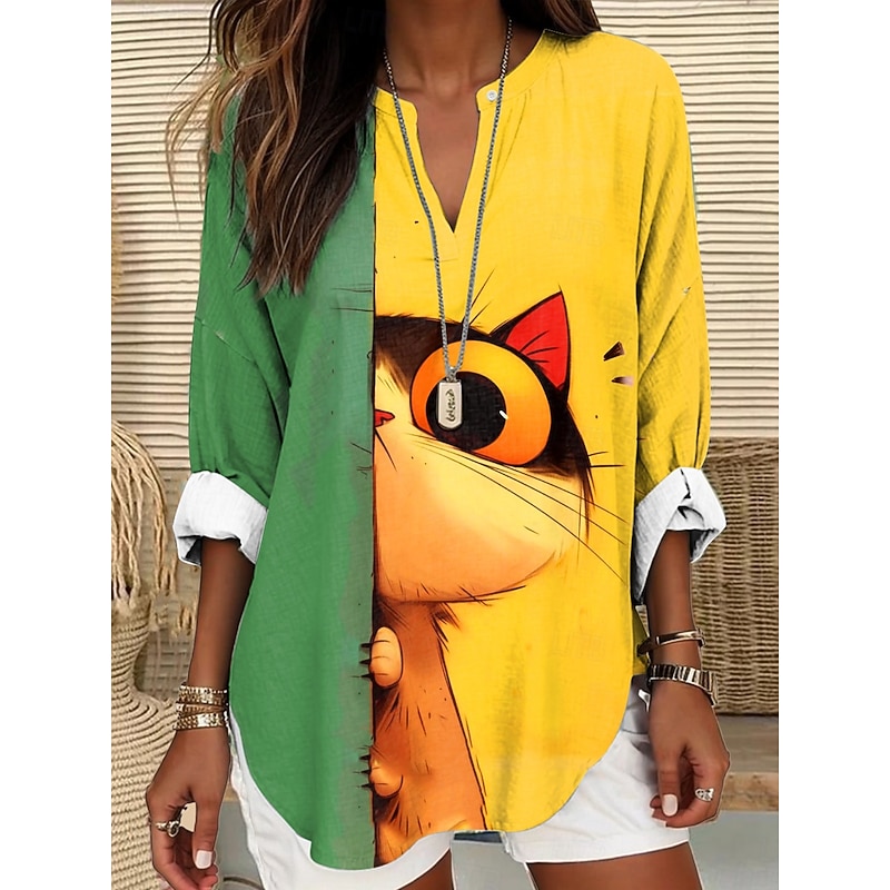 Women's Blouse Tunic V Neck Long Sleeve Boho Casual Summer Tops Graphic Animal Cat Vintage Tropical Regular Tops Daily Wear Print Yellow Light Green Blue Orange Green2