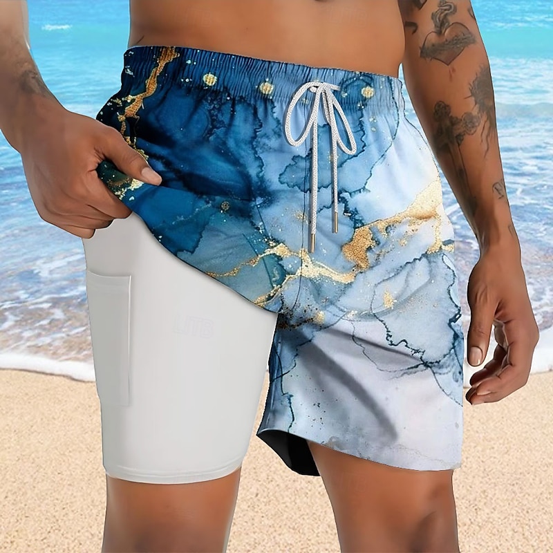 Men's Geometric Marble Abstract Art Lined Shorts 2 in 1 Board Shorts Swim Shorts Mid Waist Hawaiian Vacation Holiday Beach Wear Side Pockets With Compression Liner Elastic Drawstring Waist Designer4