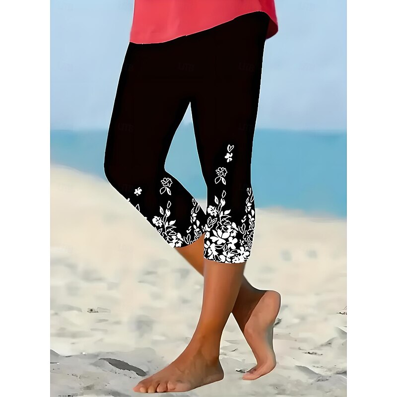 Women's Leggings Capri Pants High Elasticity Vacation Vintage Fashion Calf-Length Mid Waist Floral Graphic Printing Breathable Soft Stretchy Vacation Casual Daily Black sky blue Green2