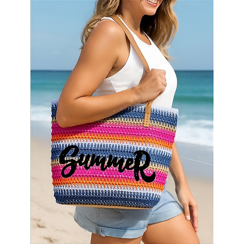 Women's Colorful Summer Tote Bag with "Summer" Print - Stylish Crochet Beach Tote Bag for Vacation and Poolside2