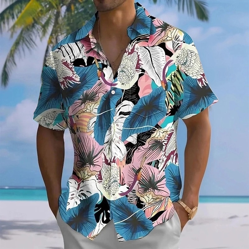 Men's Floral Print Tropical Flowers Summer Hawaiian Shirt Button Up Shirt Aloha Shirt Short Sleeve Hawaiian Holiday Beach Wear Summer Spring Turndown 3D Print Collared Shirts Front One Pocket Blue