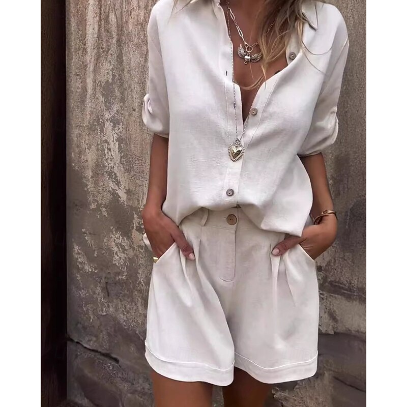 Women's Active Fashion Cotton Linen Shirts Cotton Linen Sets Blouse Short Sleeve Shirt Collar Solid Color Dubbele Rij Knopen Going out Weekend Black White Blue Summer Regular Fit