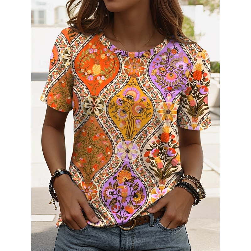 Women's T Shirt Floral Graphic Geometric Vintage Stylish Classic Short Sleeve Crew Neck Regular Tops Daily Weekend Print Blue Fuchsia Orange Summer Spring