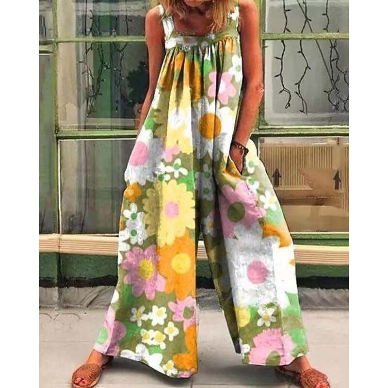 Women's Normal Jumpsuit Streetwear Floral Sleeveless U Neck Pocket Print Street Daily Regular Fit Light Green Blue Summer